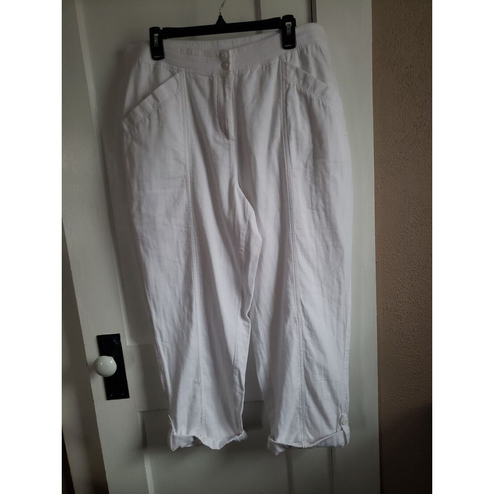 J.JILL White Zip Front Gauzy 100% Cotton Casual Pants w/ Roll/Button Hem Sz 16